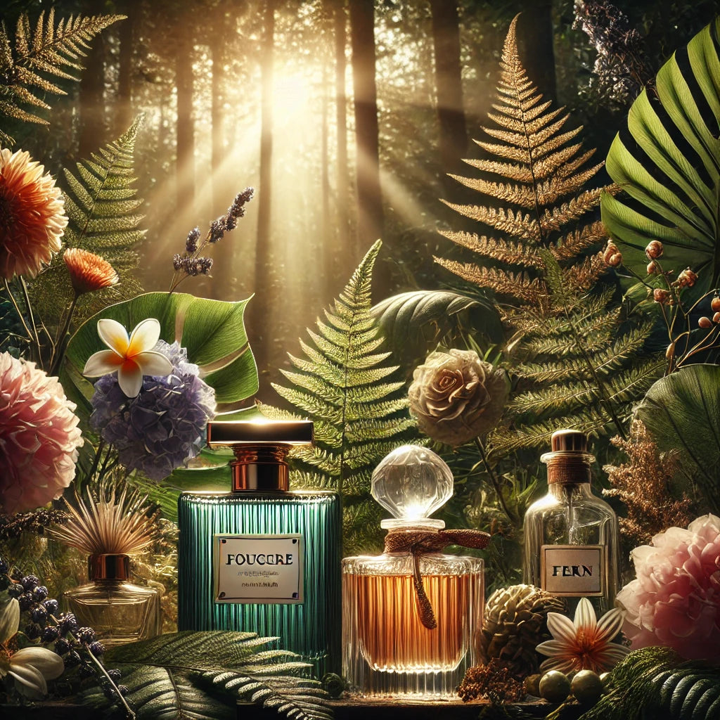 Luxurious and sophisticated forest ambiance, representing the complexity of fougère fragrance blends, with vibrant florals and earthy elements, perfect for a niche fragrance collection.