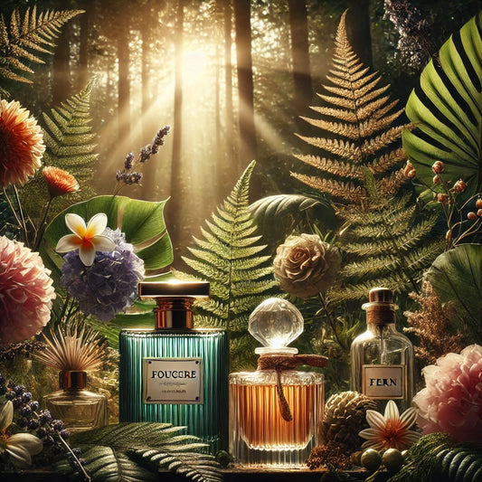 Luxurious and sophisticated forest ambiance, representing the complexity of fougère fragrance blends, with vibrant florals and earthy elements, perfect for a niche fragrance collection.