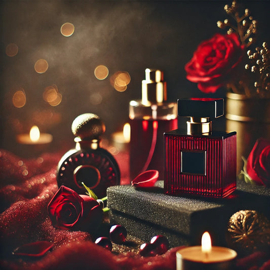 A sensual and mysterious scene with deep red and black tones, velvet textures, scattered rose petals, and dim romantic lighting, evoking allure and confidence for a seductive fragrance collection.