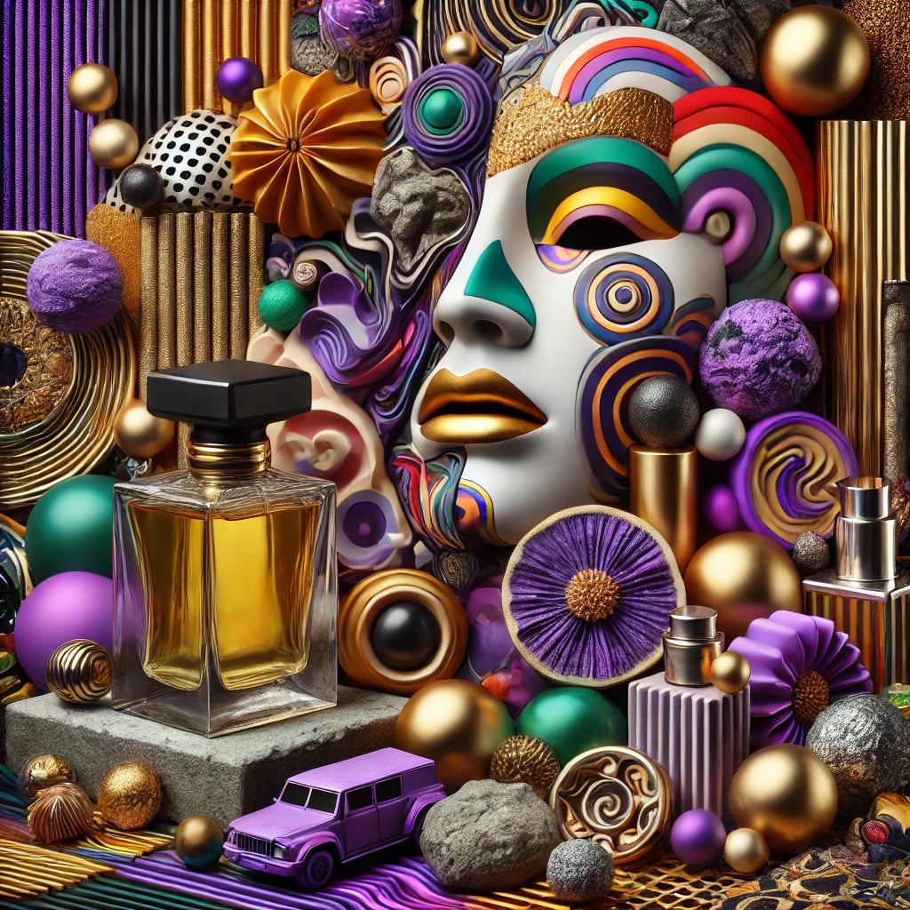 A bold and eccentric scene with abstract patterns, unique textures like metallics and rough stones, and contrasting colors such as deep purples, bright greens, and gold, representing a fragrance collection with unusual and quirky notes.