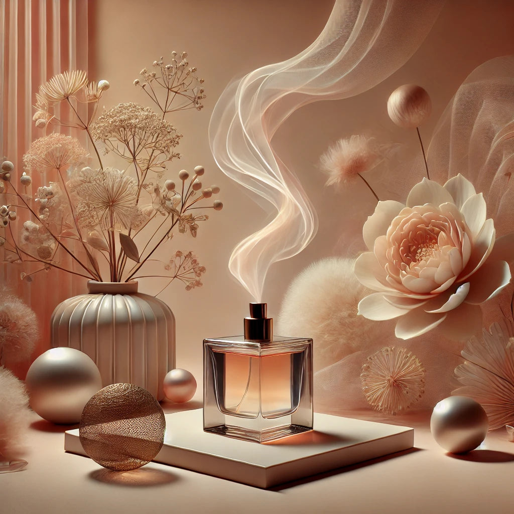 Conceptual image for the fragrance collection '香調體驗女士版 - 香水合輯' featuring a sensual and sophisticated atmosphere with soft florals, delicate textures, and light pastel colors, evoking elegance and femininity, ideal for high-end, niche perfumes for women.