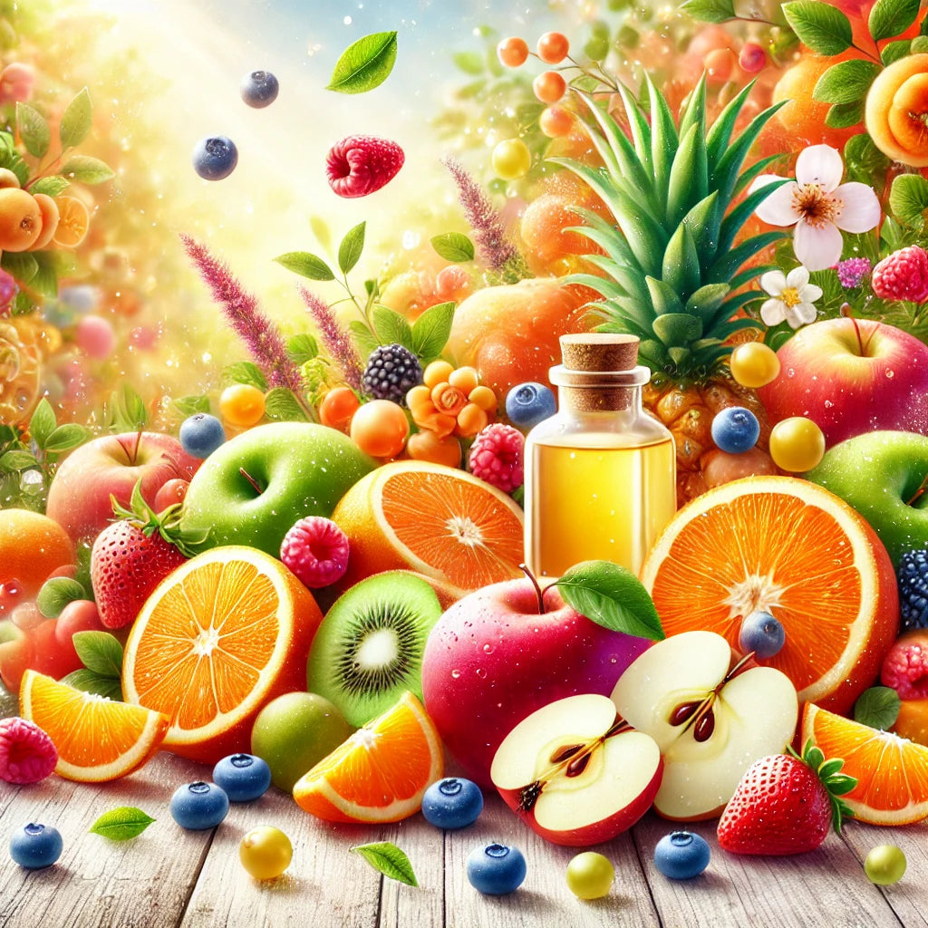 A vibrant and refreshing scene with colorful fruits like oranges, apples, and berries, conveying a sense of sweetness, vitality, and natural freshness, evoking the essence of a fruity fragrance collection.