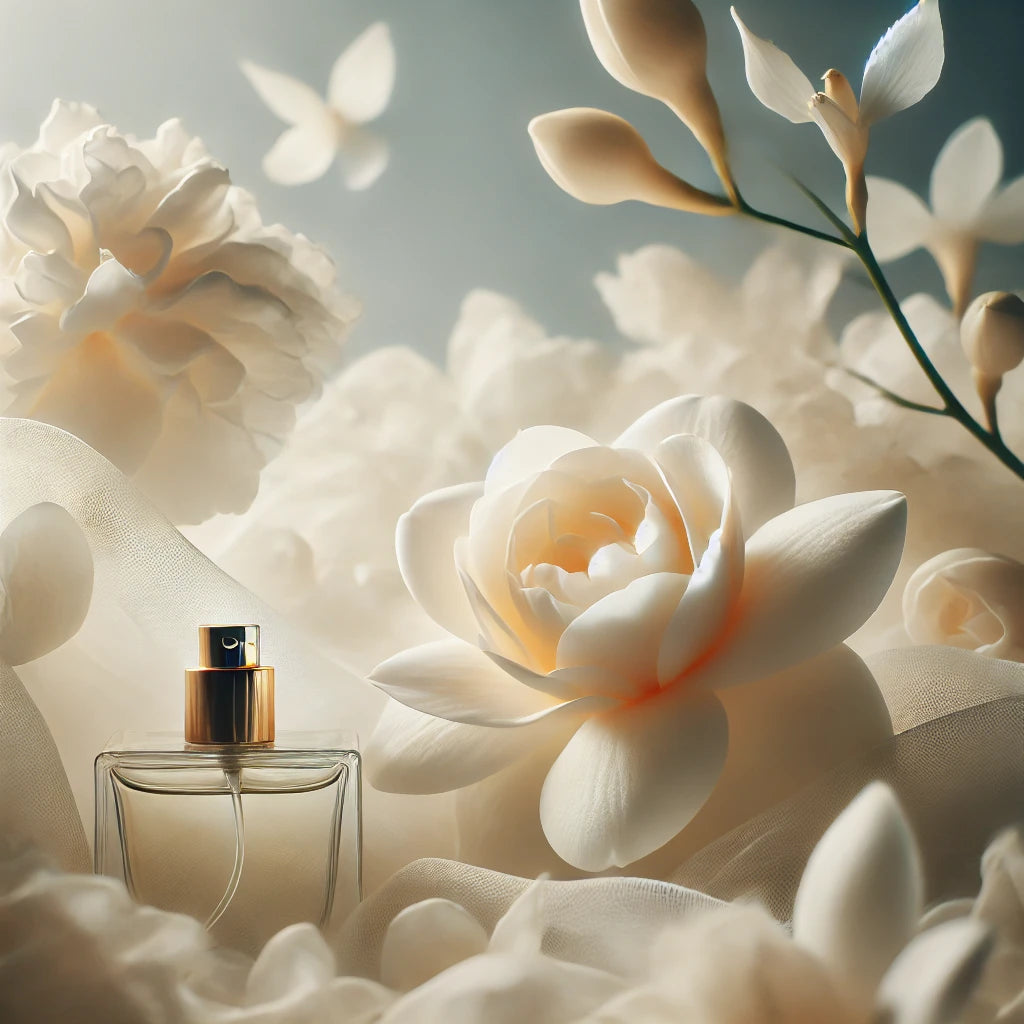 It evokes a delicate and fresh floral essence with creamy white gardenias surrounded by flowing petals and light, airy textures.