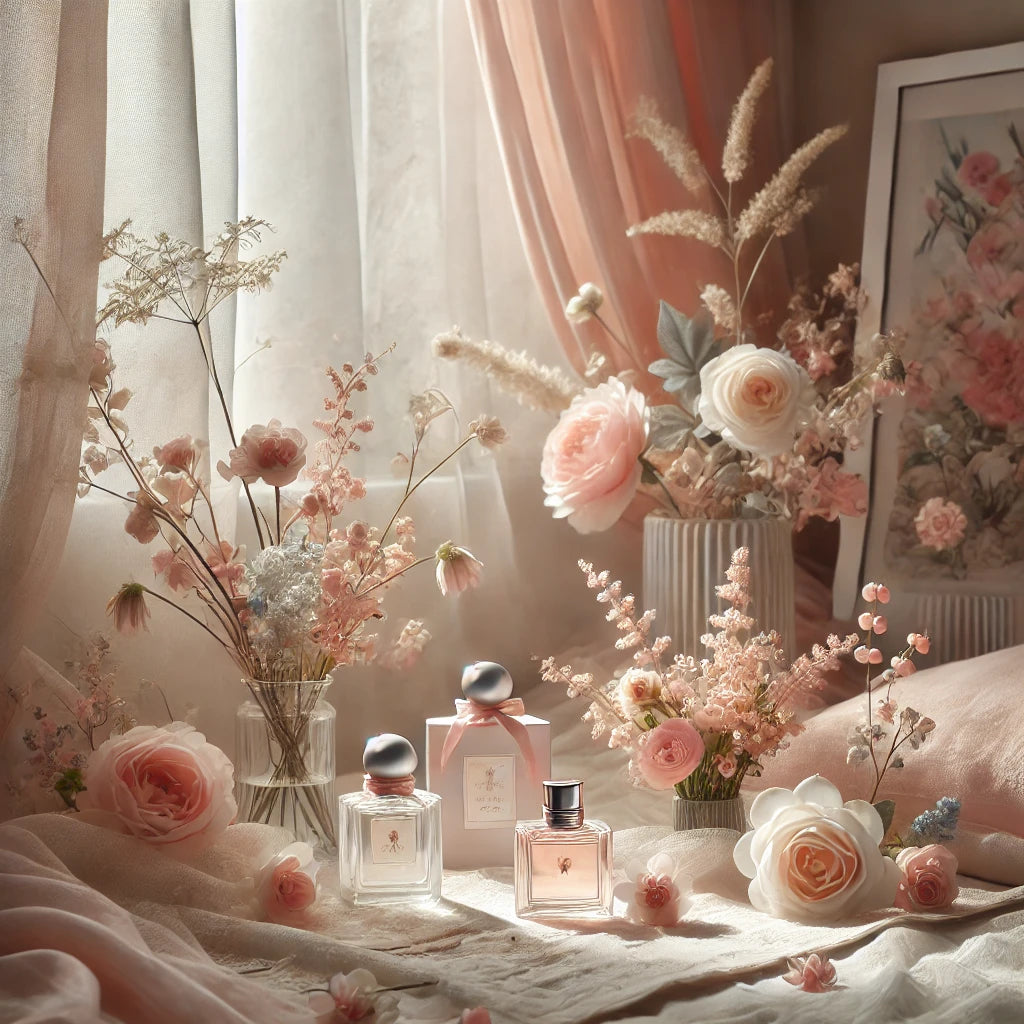 A soft and serene scene with pastel colors, delicate flowers, and flowing fabrics, evoking tenderness and warmth for a gentle fragrance theme.