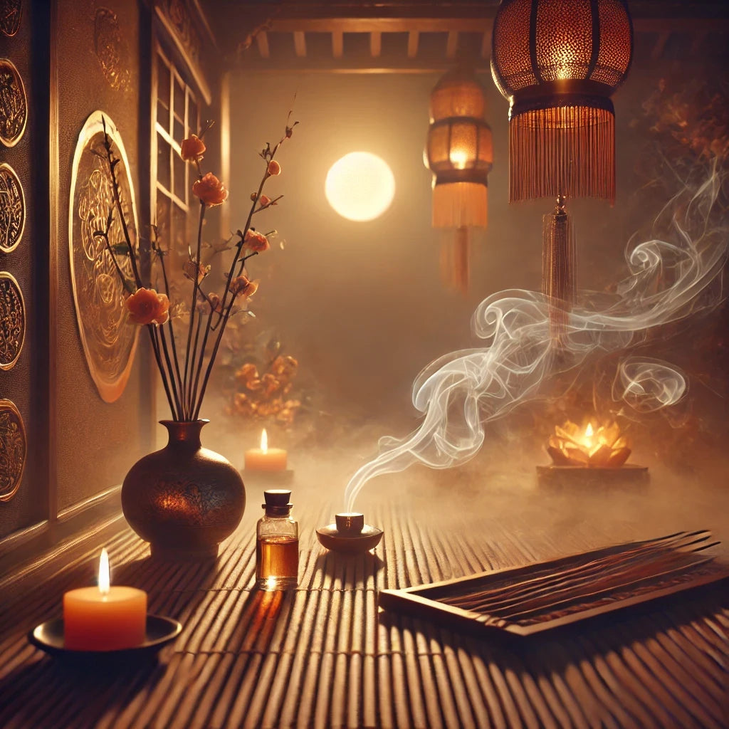 capturing a mystical and warm atmosphere with incense smoke swirling gently, evoking a sense of peaceful meditation.