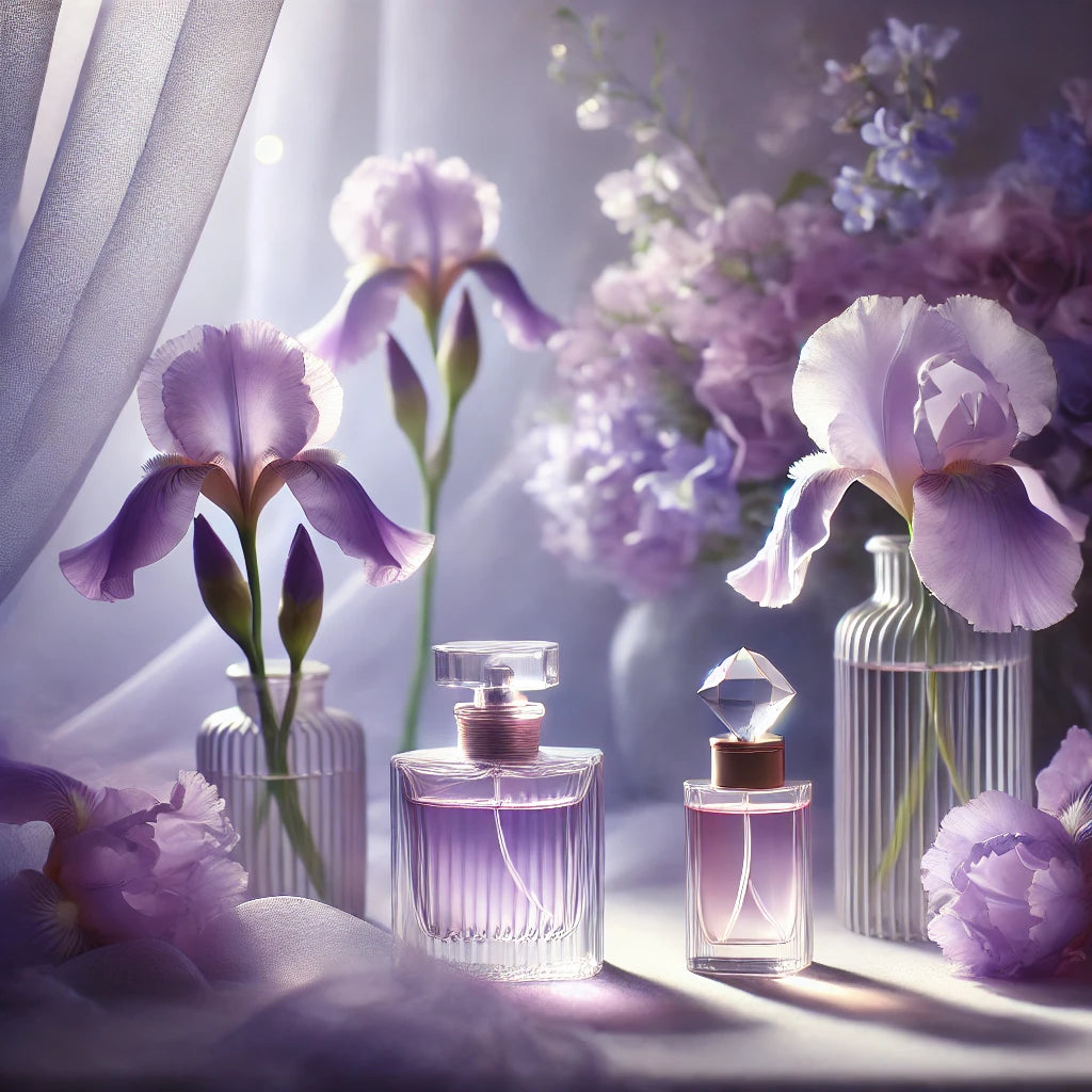 featuring a delicate and serene scene with soft violet tones and irises in full bloom, evoking grace and sophistication.