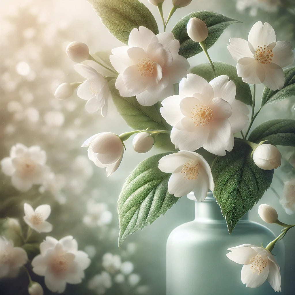 A serene garden scene with delicate jasmine flowers in full bloom, bathed in soft, ethereal light, evoking femininity, beauty, and refinement.