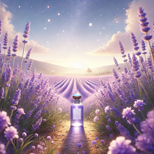 depicting a tranquil lavender field under a calm sky. The soft sunlight and soothing atmosphere evoke a sense of peace and relaxation.