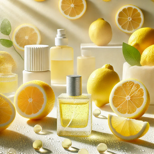 A fresh and vibrant lemon-themed fragrance collection, with zesty, juicy lemons surrounded by a bright, refreshing atmosphere. Sunlight and dewy textures evoke the essence of citrus scents, creating an energizing vibe.