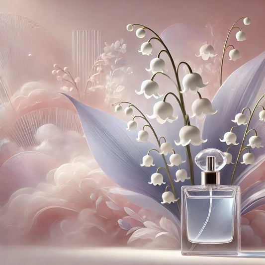 A serene and luxurious lily of the valley theme for a fragrance collection, featuring soft pastel tones and abstract lily flowers. The image evokes a fresh, feminine, and ethereal vibe, ideal for an online fragrance store specializing in niche decant sampling in Hong Kong.