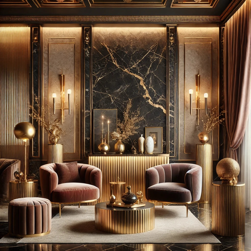 A luxurious and refined atmosphere with rich textures like velvet and gold accents, marble surfaces, and elegant lighting, evoking a sense of high-end sophistication and exclusivity.