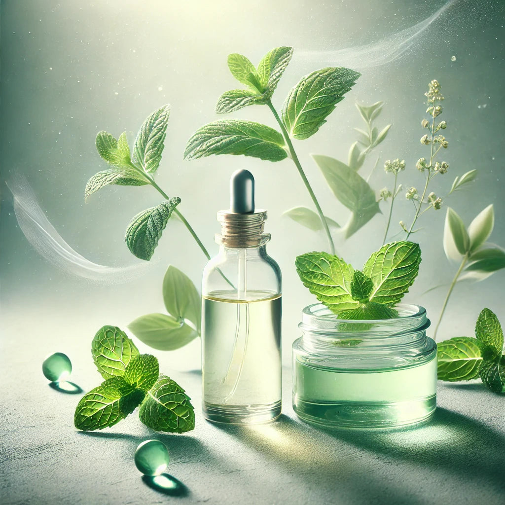 Refreshing mint fragrances evoking coolness and freshness, with lush green leaves and a clean, invigorating atmosphere.