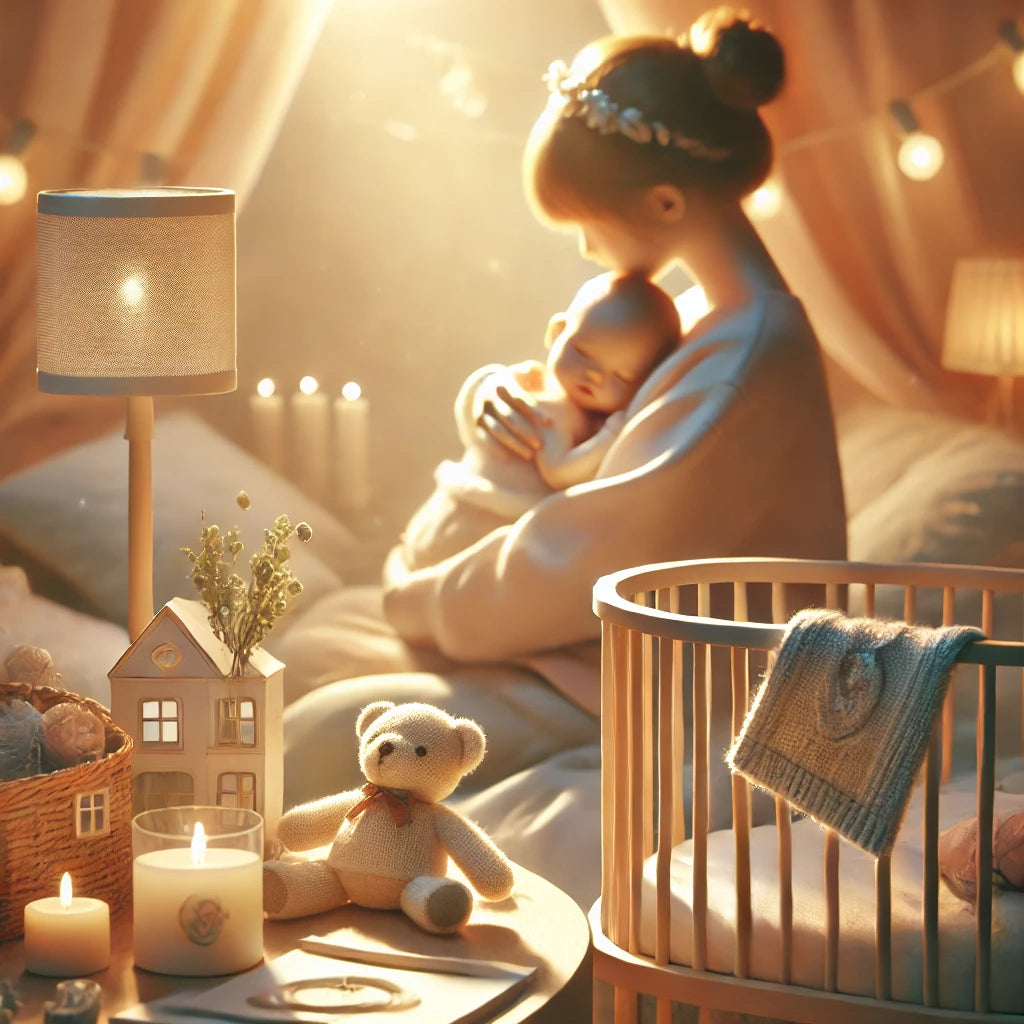 reflecting a nurturing, gentle, and maternal theme. The atmosphere is warm and cozy, evoking a sense of comfort and love.