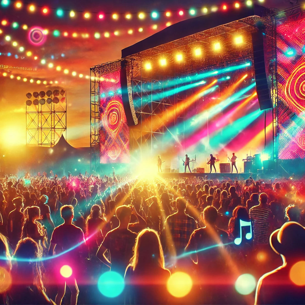 A lively music festival scene with vibrant lights, a dancing crowd, and musical instruments, reflecting the energetic and exciting vibes of a music-filled event.