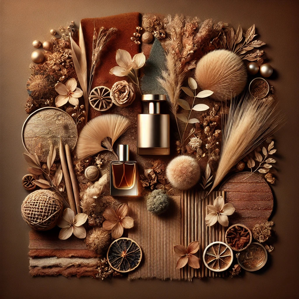 The warm, earthy tones and luxurious textures create a sense of depth and mystery, evoking the sensual essence of musk. The image reflects the richness and comfort of this fragrance theme.