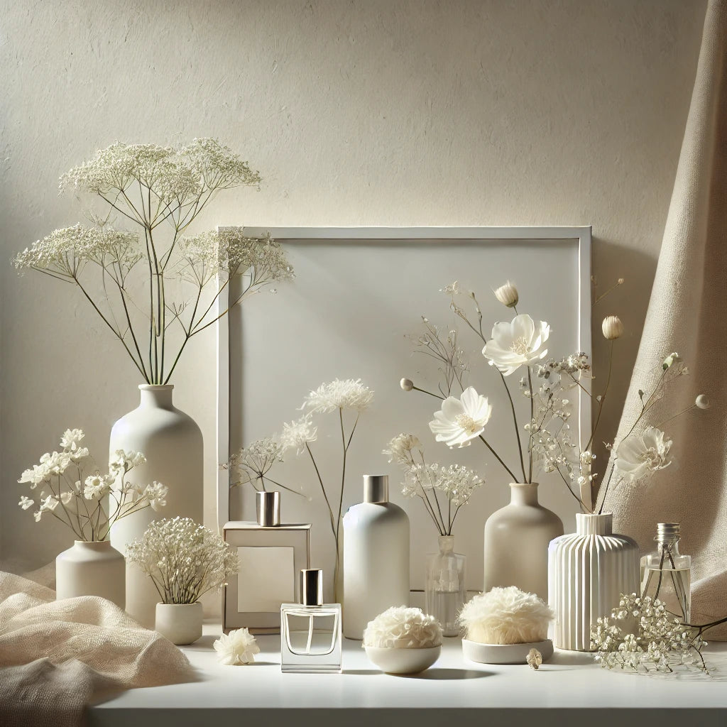 A serene and minimalist scene featuring soft neutral tones, delicate white flowers, and airy textures, evoking tranquility and elegance for a subtle, non-intrusive fragrance collection.