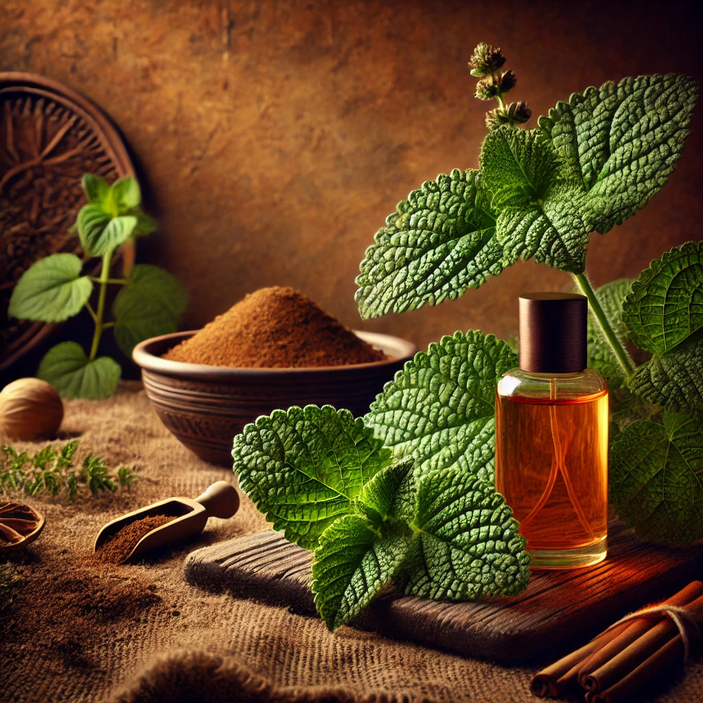 Rich and aromatic patchouli fragrances, evoking earthy, calming sensations through deep, organic textures.