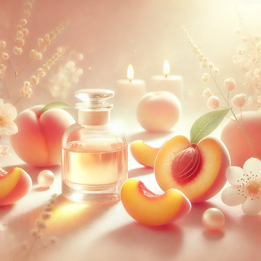 capturing a fresh, sweet scene with soft peach tones, delicate textures, and a glowing light that evokes the juicy sweetness and brightness of peaches.