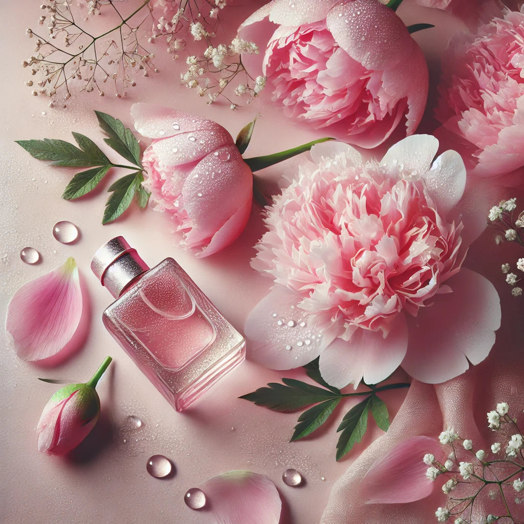 Delicate pink peony flowers surrounded by soft pastel tones, dewdrops on the petals, evoking a serene and romantic atmosphere for a fragrance collection.