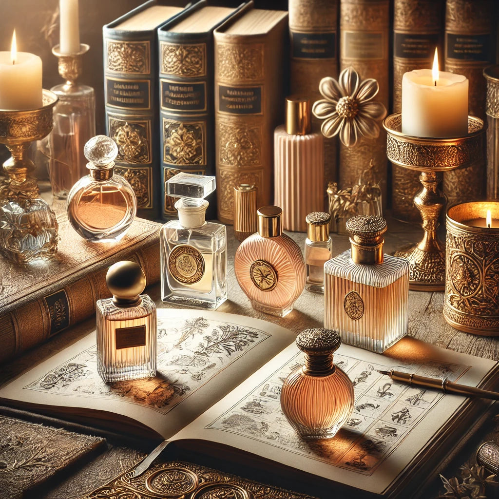 Sophisticated fragrance guide collection, featuring vintage perfume vials, elegant candles, and refined book details, creating a timeless and curated ambiance.