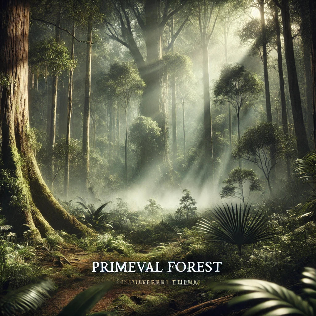 A mystical and lush primeval forest with dense greenery, towering trees, and mist rising between the foliage, evoking the untamed beauty and depth of nature.