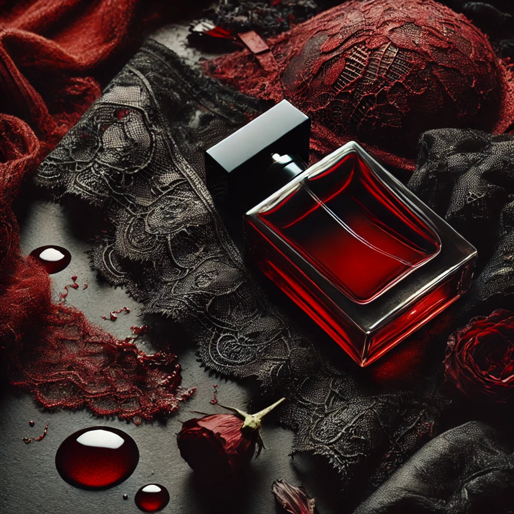 Bold, intense dark red and black tones with a touch of sensual textures like velvet and lace, representing a raw and passionate fragrance collection.