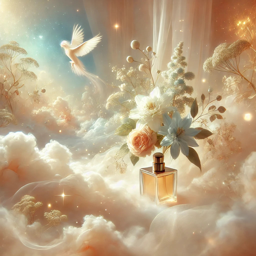 evoke a magical and ethereal atmosphere with soft pastel colors and a celestial feel, capturing the sense of divine or heavenly fragrance.