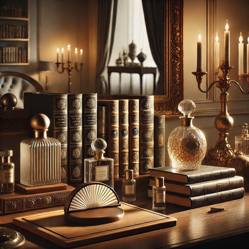 An intimate, luxurious scene featuring carefully selected rare treasures and vintage books arranged in soft, warm lighting, evoking a sense of exclusivity and personal luxury.