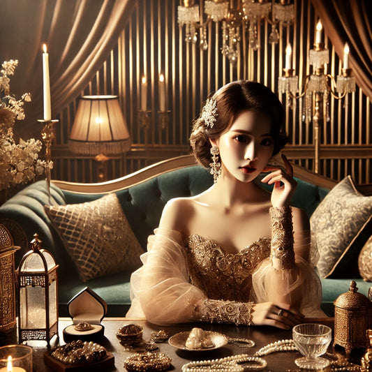 captures the essence of a wealthy lady with a sophisticated atmosphere. It represents opulence and grace.