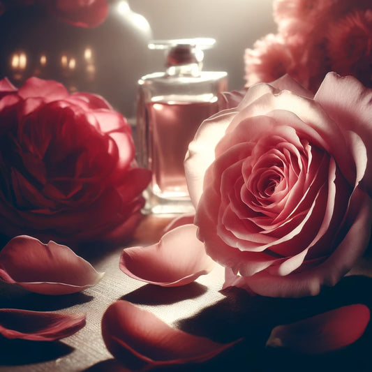 A romantic and elegant rose fragrance theme, with velvety rose petals and soft, deep hues of red and pink, creating a sophisticated, passionate atmosphere.