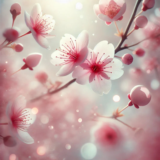 Delicate cherry blossoms floating gently in a serene spring atmosphere, evoking lightness, freshness, and the floral elegance of Sakura fragrances.