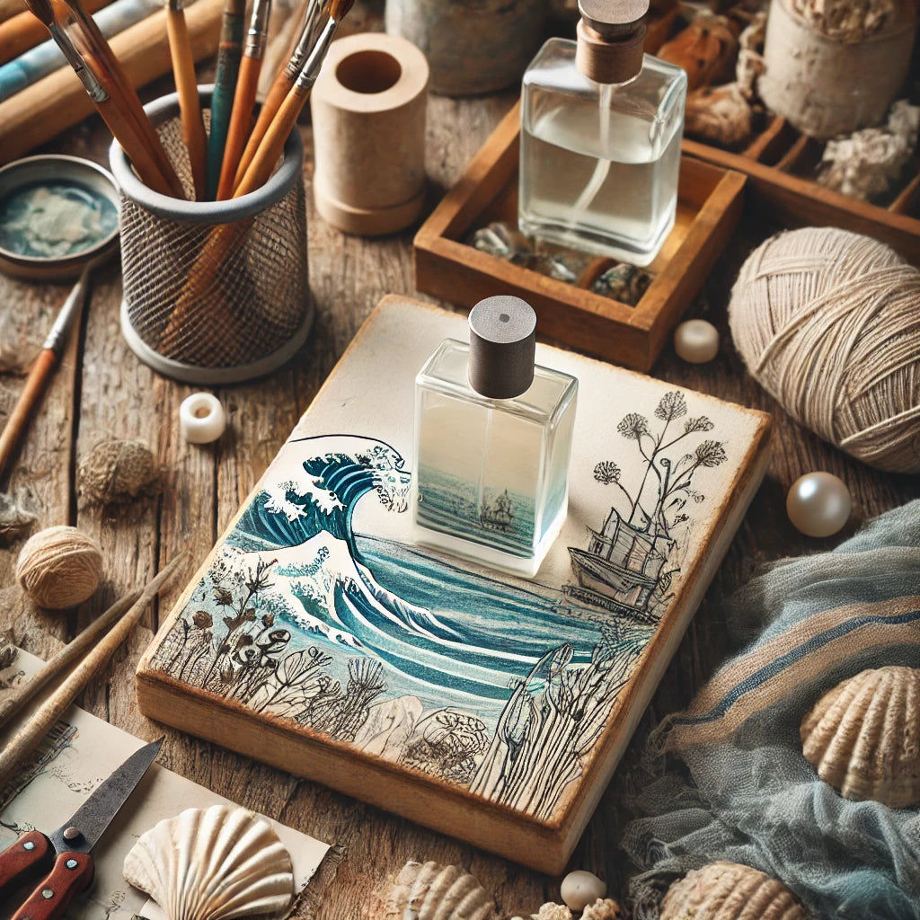 capturing a creative and artistic atmosphere with a salty, artsy vibe. The setting is bohemian, coastal, and eclectic, featuring textured fabrics and muted ocean colors, creating a relaxed and artistic environment.