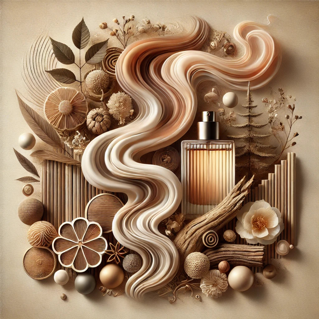 Serene and earthy conceptual image for the Sandalwood theme fragrance collection, with natural colors like warm browns and muted golds, symbolizing tranquility and luxury in a peaceful nature setting.