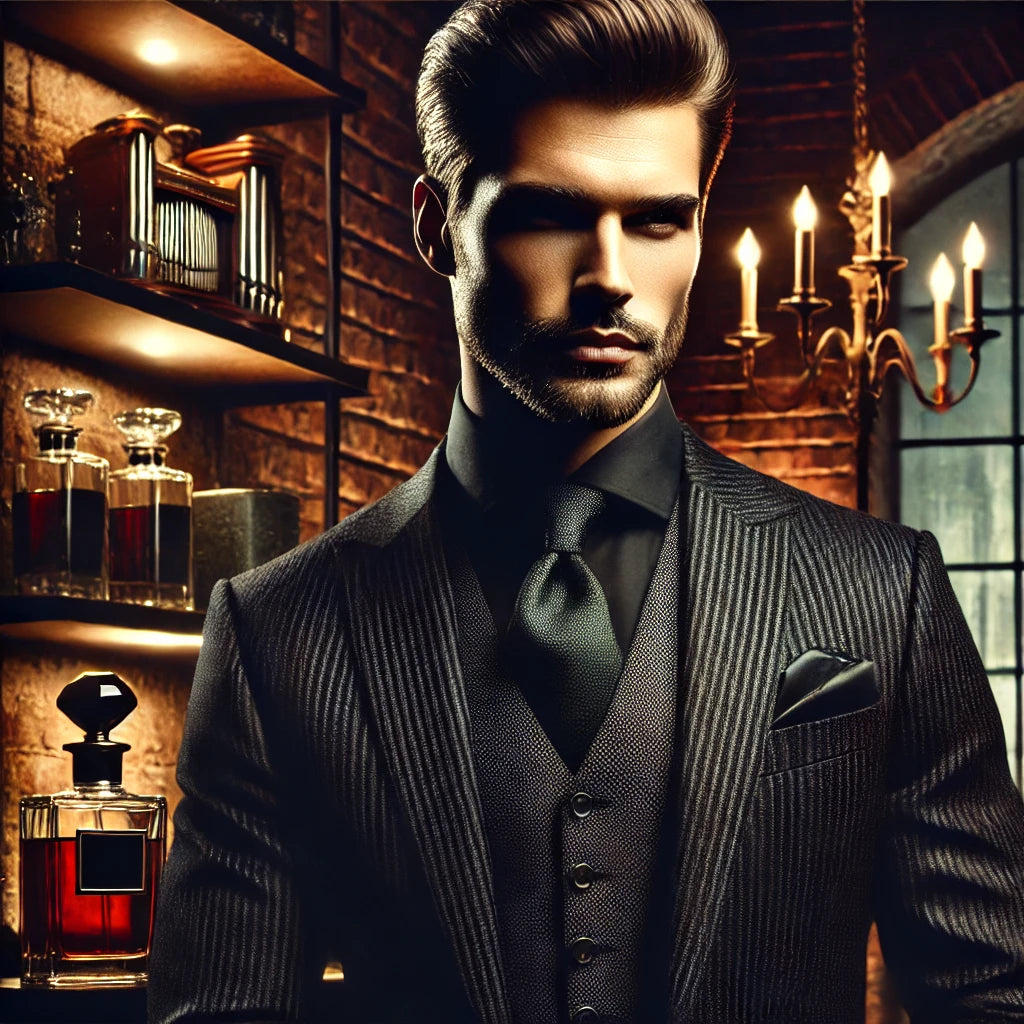 A bold, confident, and sensual atmosphere for a masculine fragrance theme, exuding power, sophistication, and allure with deep colors and luxurious textures.