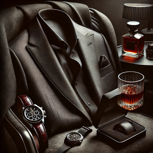 Alluring and sophisticated masculine fragrance collection, featuring luxurious textures, dark tones, and an intimate, sensual atmosphere. A tailored suit jacket, sleek watch, and a glass of whiskey evoke elegance, confidence, and seduction.