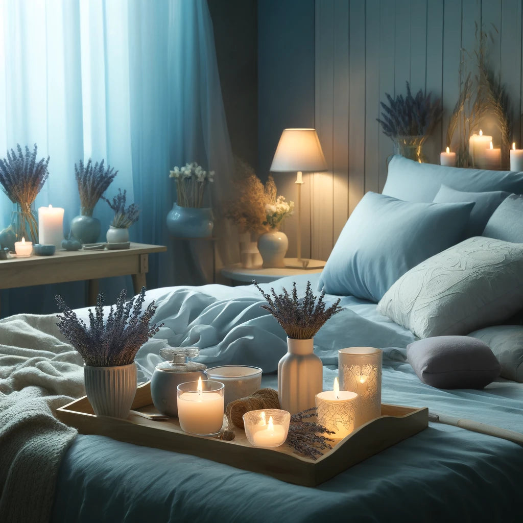 A peaceful bedroom atmosphere designed to promote restful sleep, featuring soft lighting, cozy bedding, calming lavender, and a tranquil ambiance in cool tones.