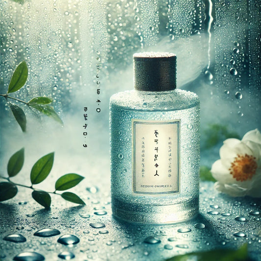 evoking a refreshing and calming atmosphere with raindrops on glass and soft mist, capturing the essence of fresh, earthy rain.