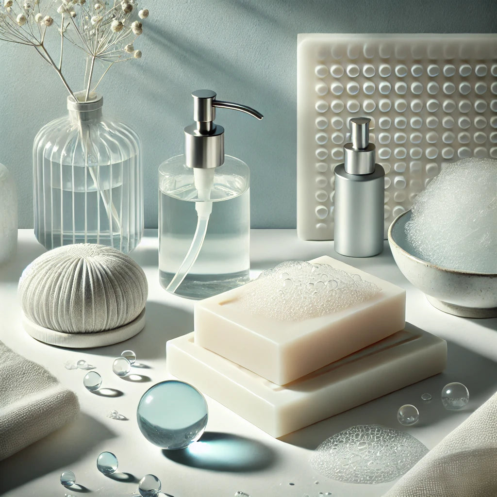 A serene, minimalist scene depicting the soapy fragrance theme with soft textures, delicate soap, clean water, and refreshing bubbles in a calming environment.