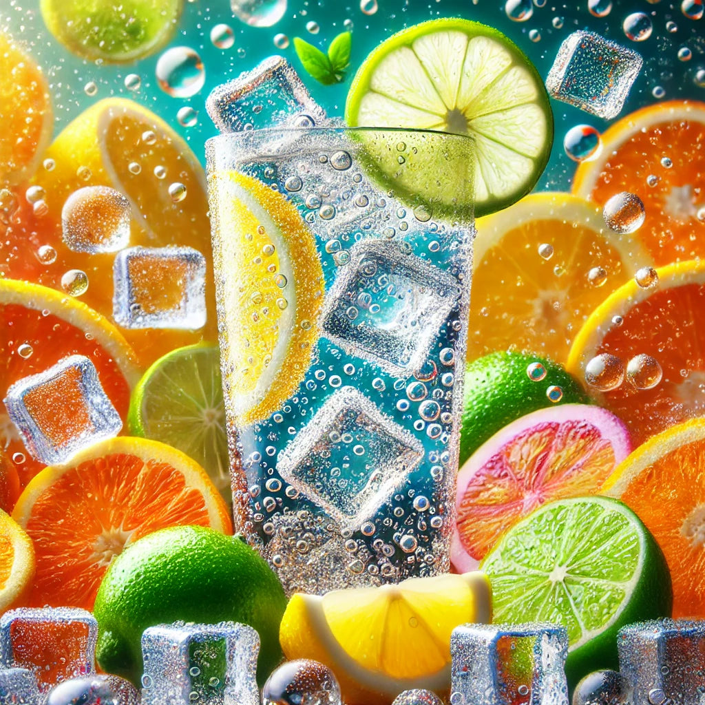 A refreshing soda theme with sparkling bubbles, ice cubes, and citrus fruits, creating a lively, invigorating atmosphere with a zesty, cool vibe.