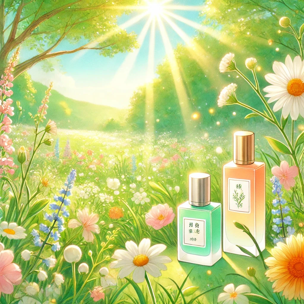 capturing the fresh and vibrant essence of spring with lush green fields, wildflowers, and bright sunlight. It reflects a carefree outdoor adventure in nature, with lively and joyful pastel tones.