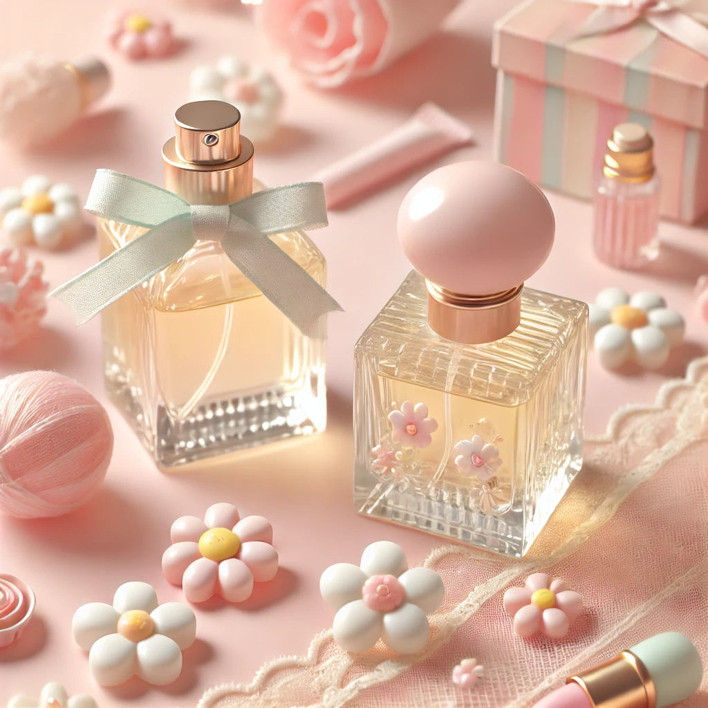 A sweet, delicate scene with pastel colors and soft textures, evoking the innocence and charm of a youthful, feminine fragrance.