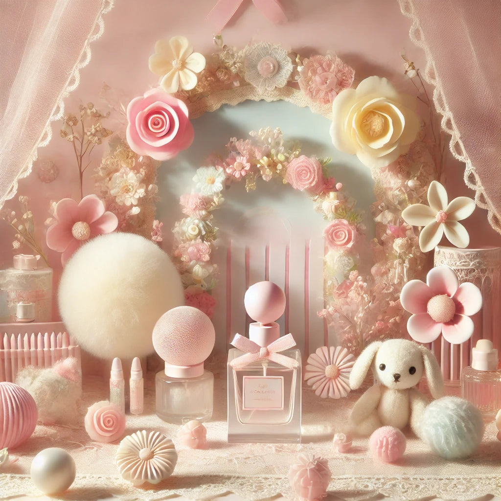 The soft pastel colors, delicate floral elements, and gentle textures evoke a whimsical and sweet atmosphere that complements the playful, feminine fragrance collection.