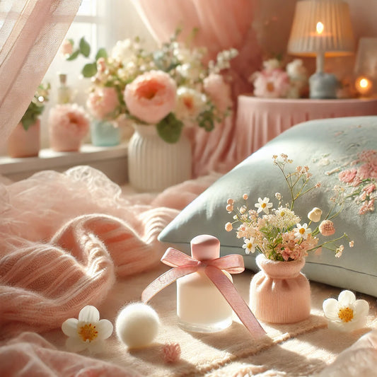 A cozy and feminine scene with pastel hues and sweet floral elements, creating a joyful and uplifting atmosphere that represents happiness and sweetness in fragrance.