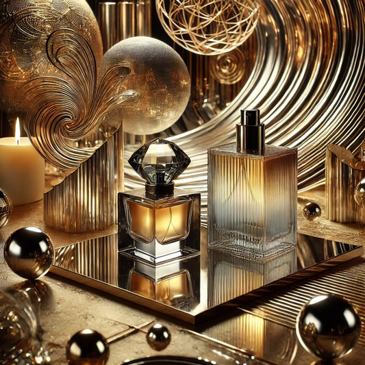 Luxurious fragrance collection inspired by the TFF Awards, featuring sophisticated gold and silver accents, artistic textures, and an elegant, high-end atmosphere evoking exclusivity and prestige.