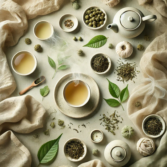 A serene and earthy atmosphere evoking the essence of tea, featuring calming green and beige hues with elements like teacups, soft fabrics, and fresh tea leaves, capturing the warm and aromatic feelings of tea.