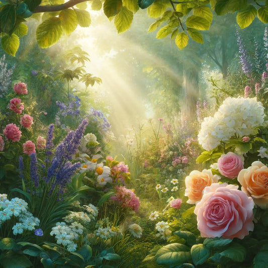 A vibrant garden in full bloom, featuring roses, jasmine, and lavender, with lush greenery and soft sunlight, evoking the fresh, natural essence of a real garden.