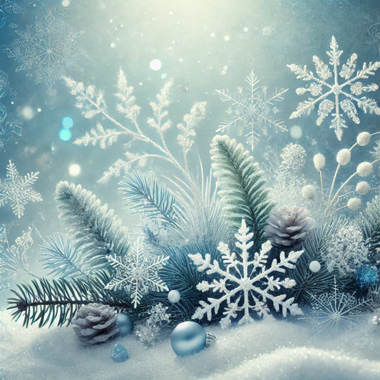 A serene winter scene with delicate snowflakes, cool blue tones, and frost-covered elements, evoking the fresh, crisp scent of snow and a tranquil, cold atmosphere.