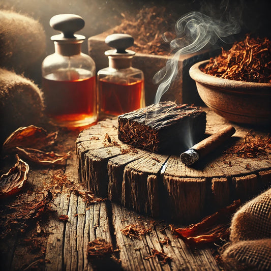 A rustic and intimate scene highlighting dark, earthy tones of tobacco leaves scattered on a vintage wooden table, with soft lighting enhancing the nostalgic atmosphere of tobacco perfumes.