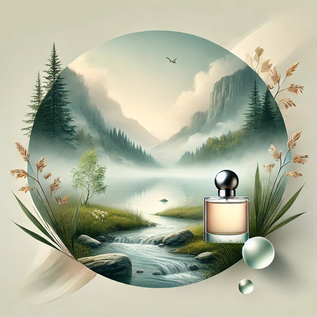 A tranquil fragrance experience with serene, misty landscapes, soft grass, and flowing water. Muted colors and gentle sunlight create a peaceful atmosphere, reflecting calm and relaxation.