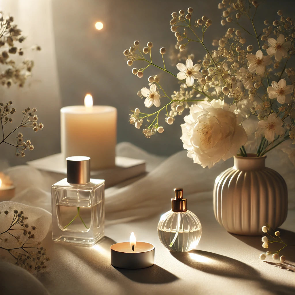 It evokes a soft and elegant evening atmosphere with white flowers, candlelight, and gentle shadows, creating a sense of calm and serenity.